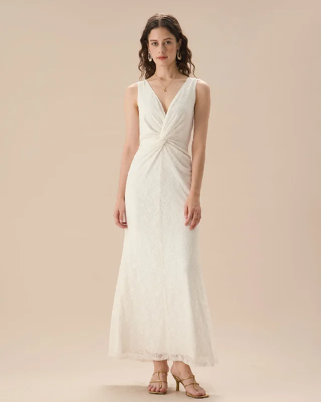 White Lace Twist Backless Maxi Dress | White