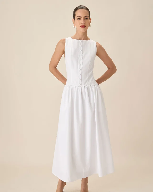 White Round Neck Pocket Maxi Dress | White