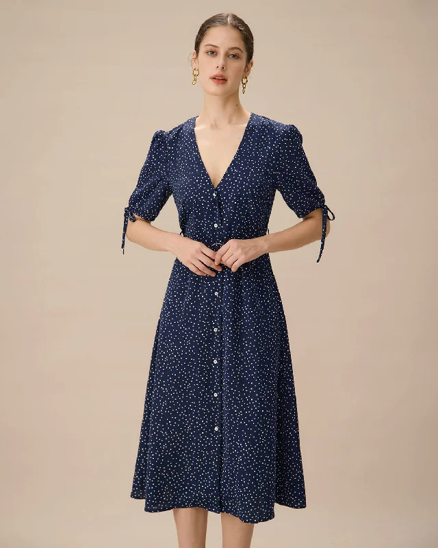 Navy Polka Dot Belted Midi Dress | Navy