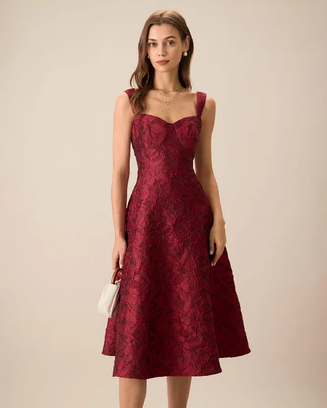 The Red Sweetheart Neck Jacquard Midi Dress | Wine Red