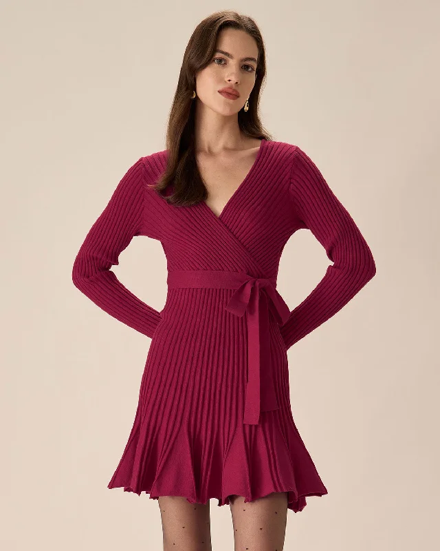 Wine Red Wrap Sweater Mini Dress | Wine Red