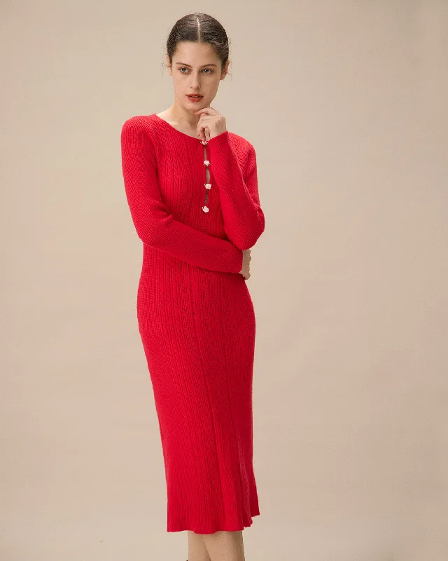 Red Cut-Out Bodycon Sweater Dress | Red