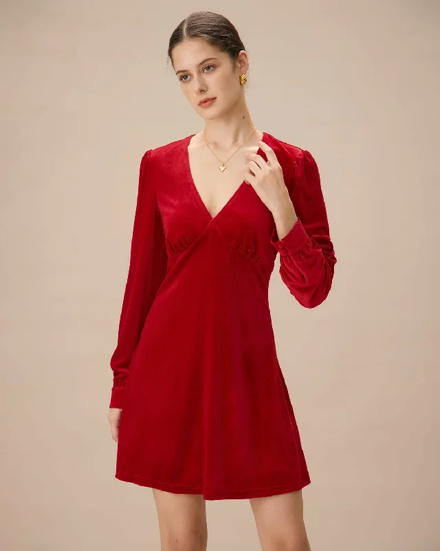 Red Velvet Puffed Sleeve A-Line Mini Dress | Red