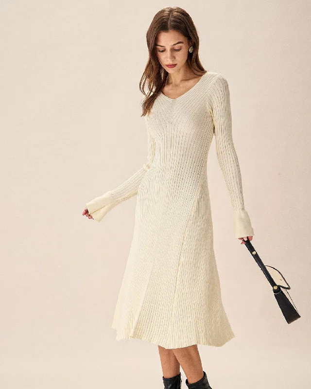 Apricot V-Neck Bell Sleeve Sweater Dress | Apricot