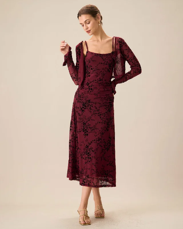 Red Floral Bodycon Slip Midi Dress | Wine Red