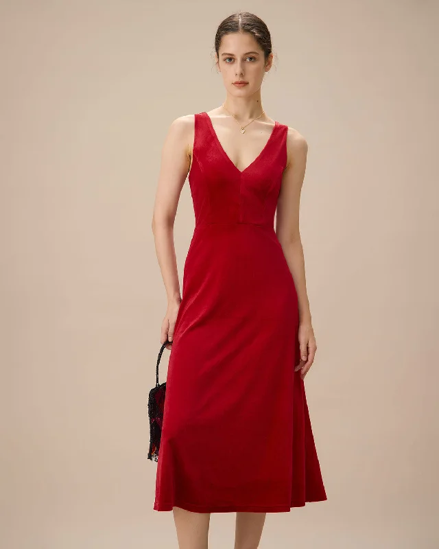 Red Velvet V Neck Backless Midi Dress | Red