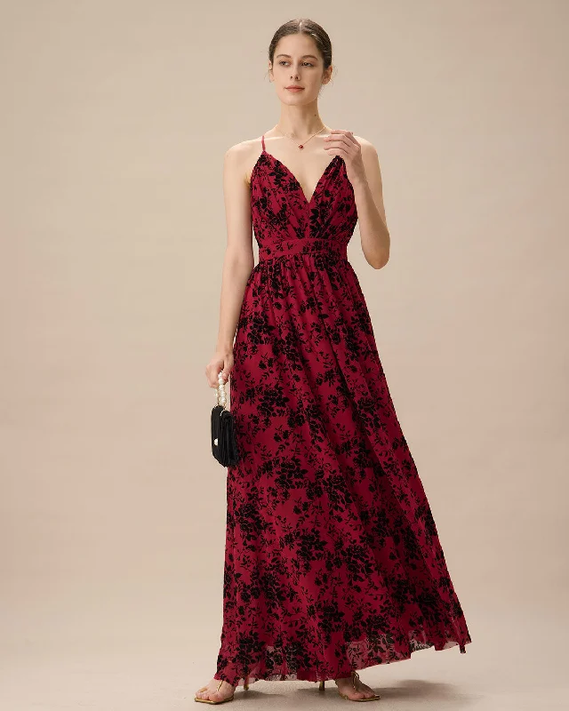 Red Floral Flocked Mesh Slit Maxi Dress | Wine Red