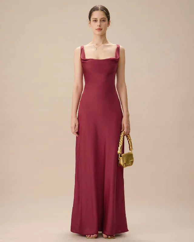 Red Cowl Neck Sheath Satin Maxi Dress | Red