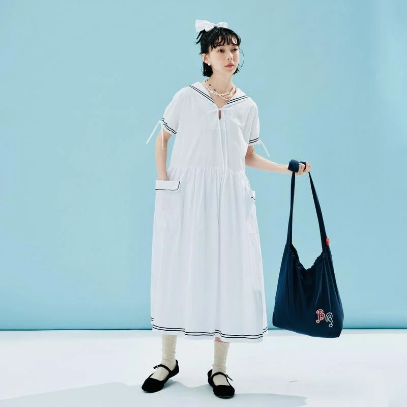 Summer Striped Cotton Mid-Length Dress with Sailor Collar and Pockets