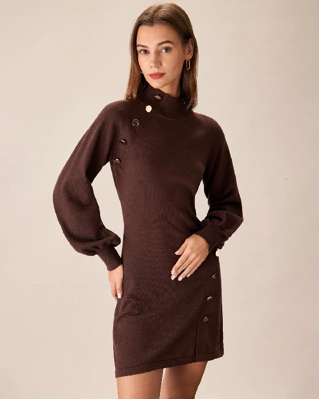 Brown Mock Neck Button Sweater Dress | Coffee