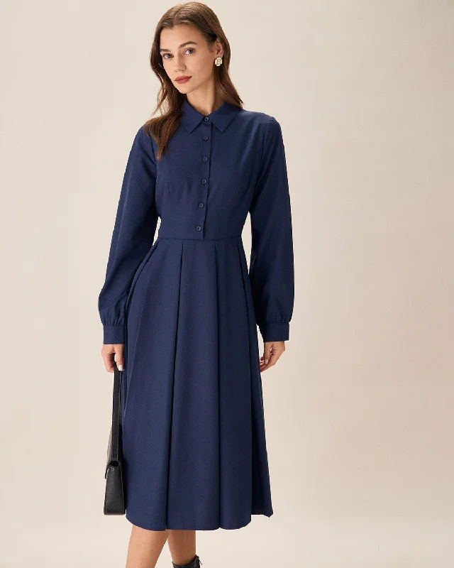 Navy Pleated Button Midi Dress | Navy