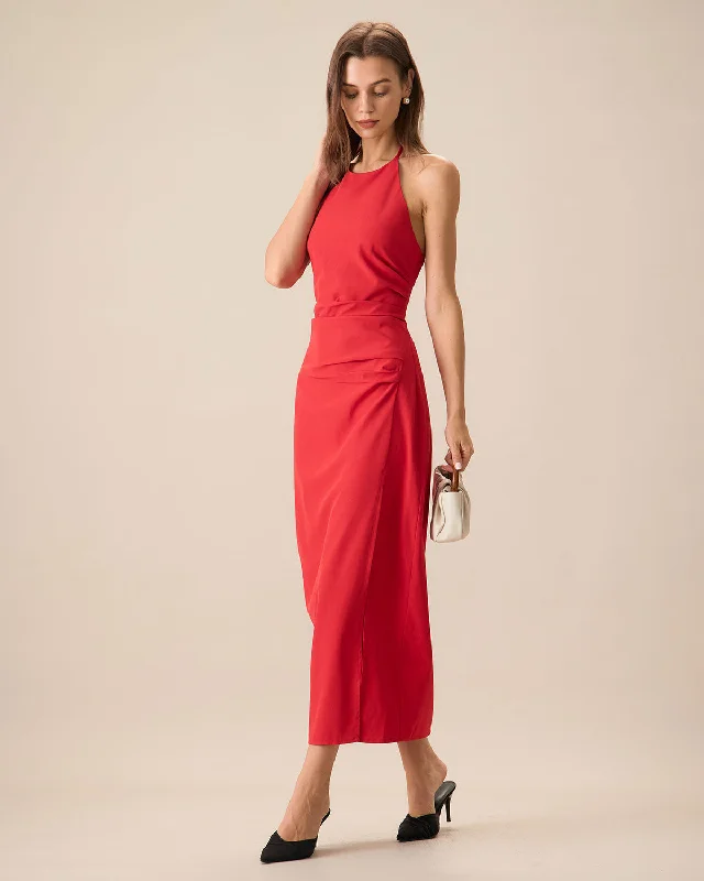 Women's Red Shirred Halter Maxi Dress | Red