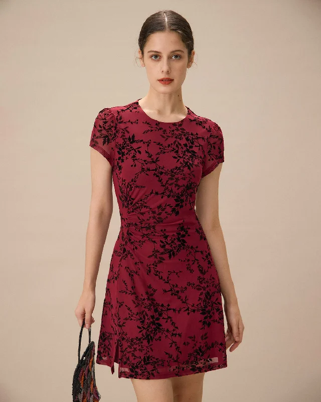 Red Floral Boat Neck Mini Dress | Dark Red