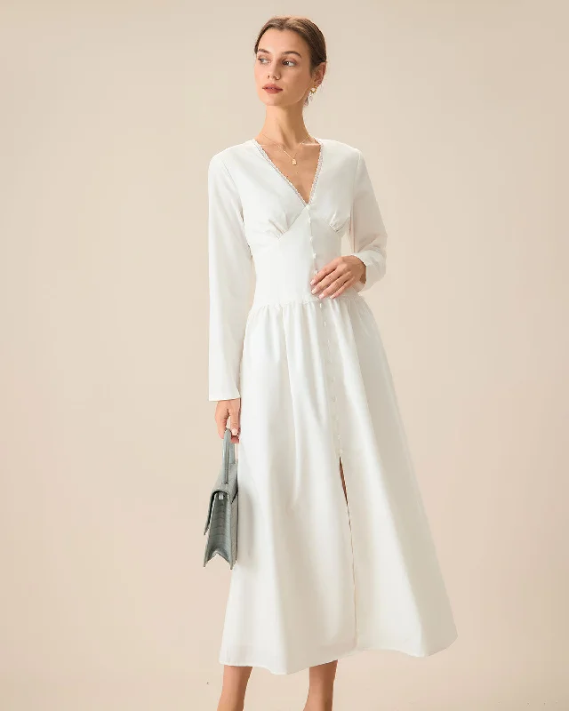 White Ruched Button Maxi Dress | White