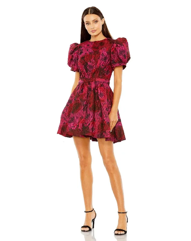 Mac Duggal 27475 Puff Sleeve Brocade Short Dress