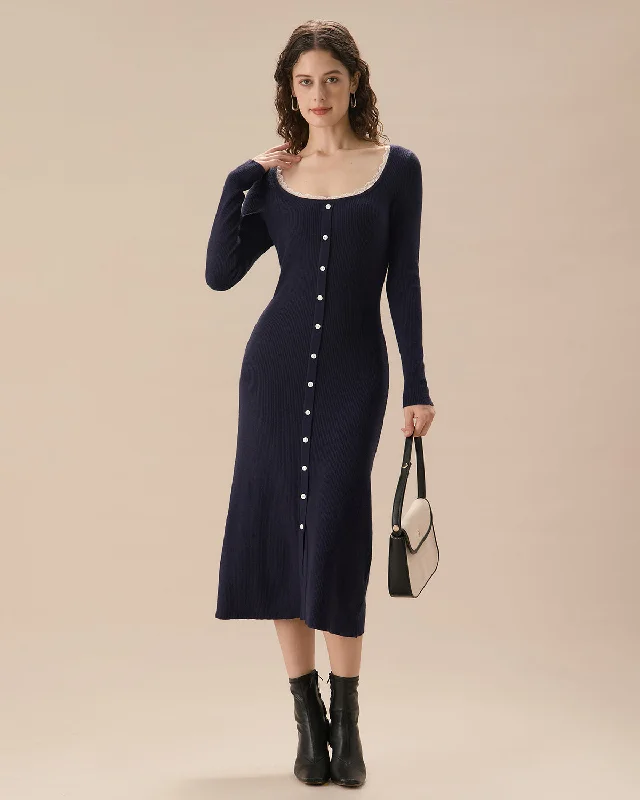 Navy Contrasting Button-Up Sweater Dress | Navy