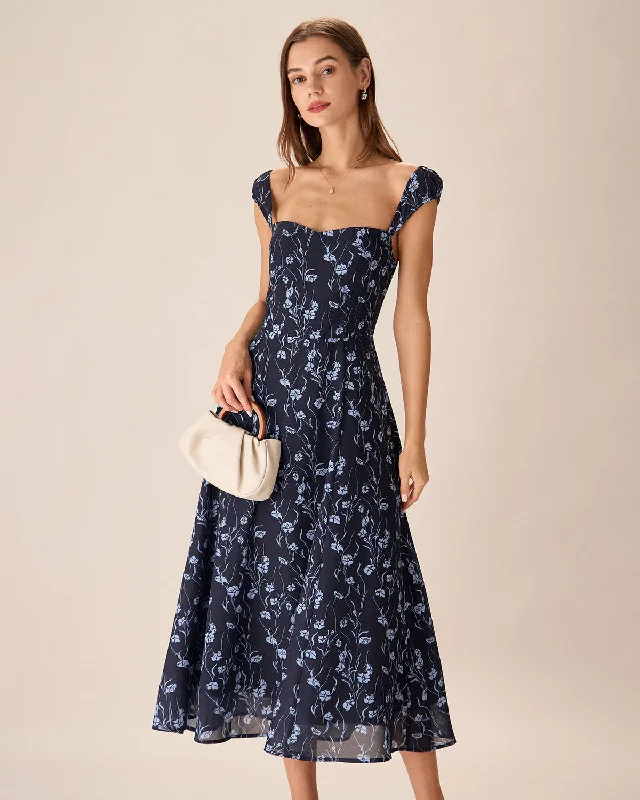 Navy Floral Sweetheart Neck Midi Dress | Navy