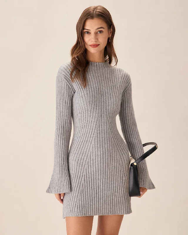 Grey Crew Neck Bell Sleeve Sweater Dress | Grey