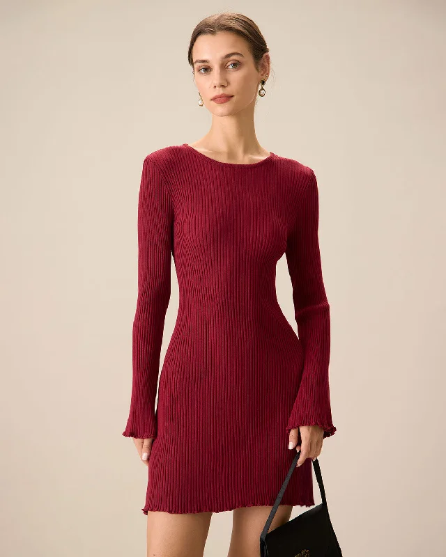 Women's Red Bell Sleeve Bodycon Sweater Dress | Wine Red