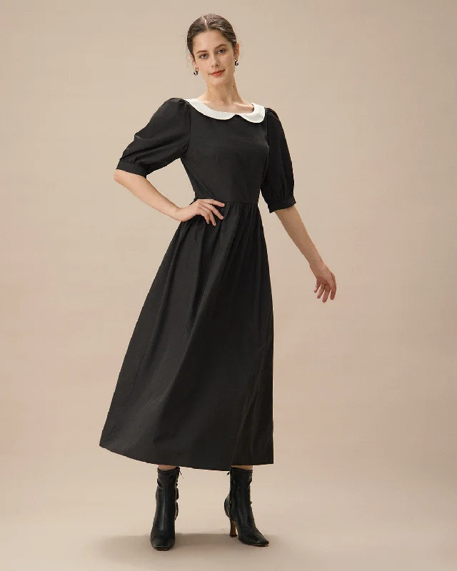 Black Contrasting Puffed Sleeve Maxi Dress | Black