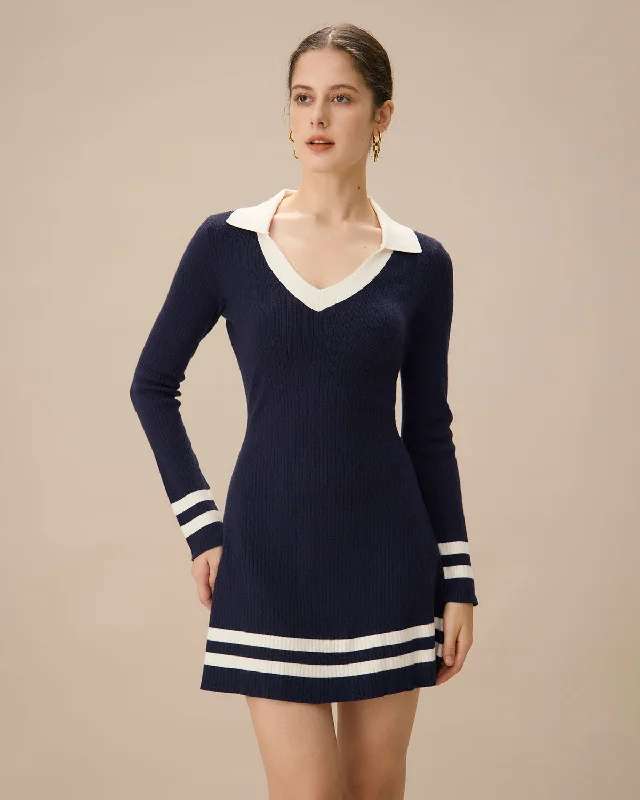 Navy Contrasting V Neck Striped Sweater Dress | Navy