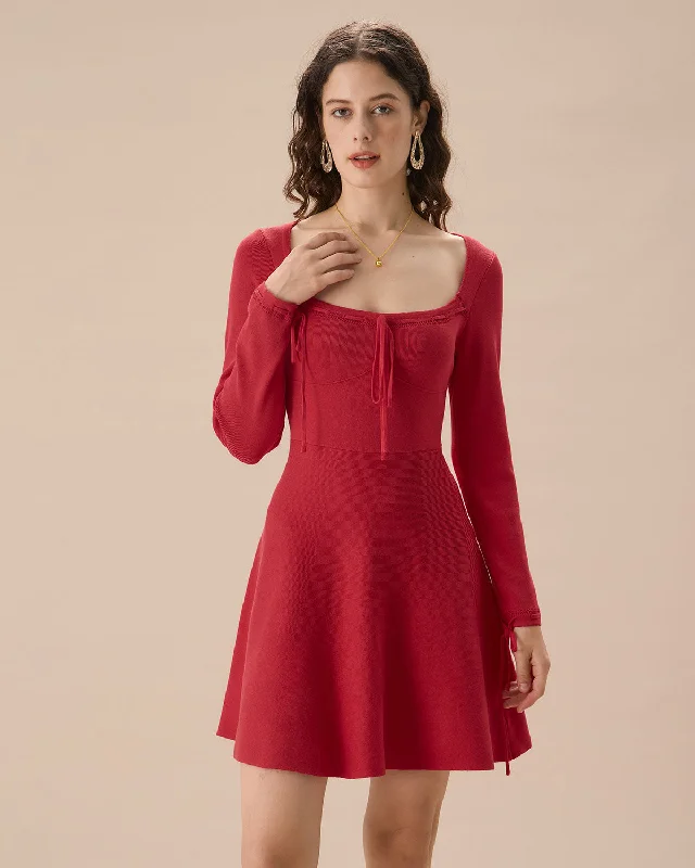 Red Square Neck Sweater Mini Dress | Red