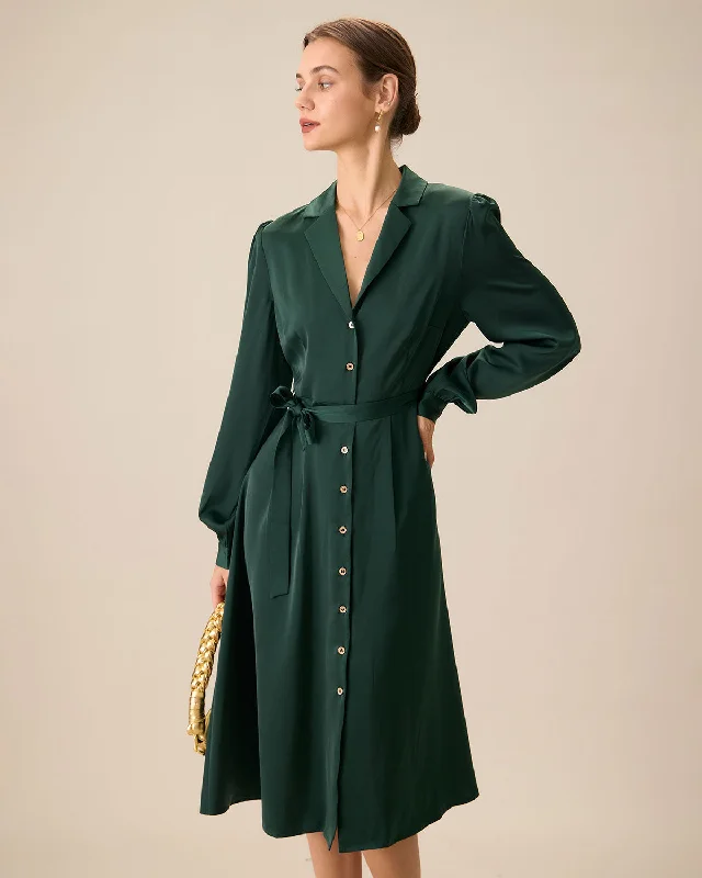 Green Satin Button Midi Dress | Green