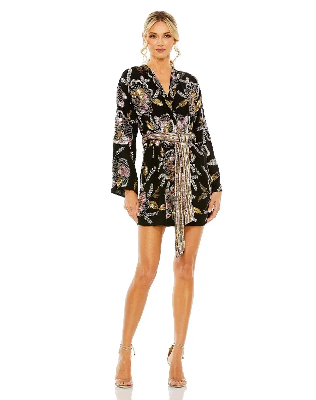 Mac Duggal 93817 Beaded Floral Robe Short Dress