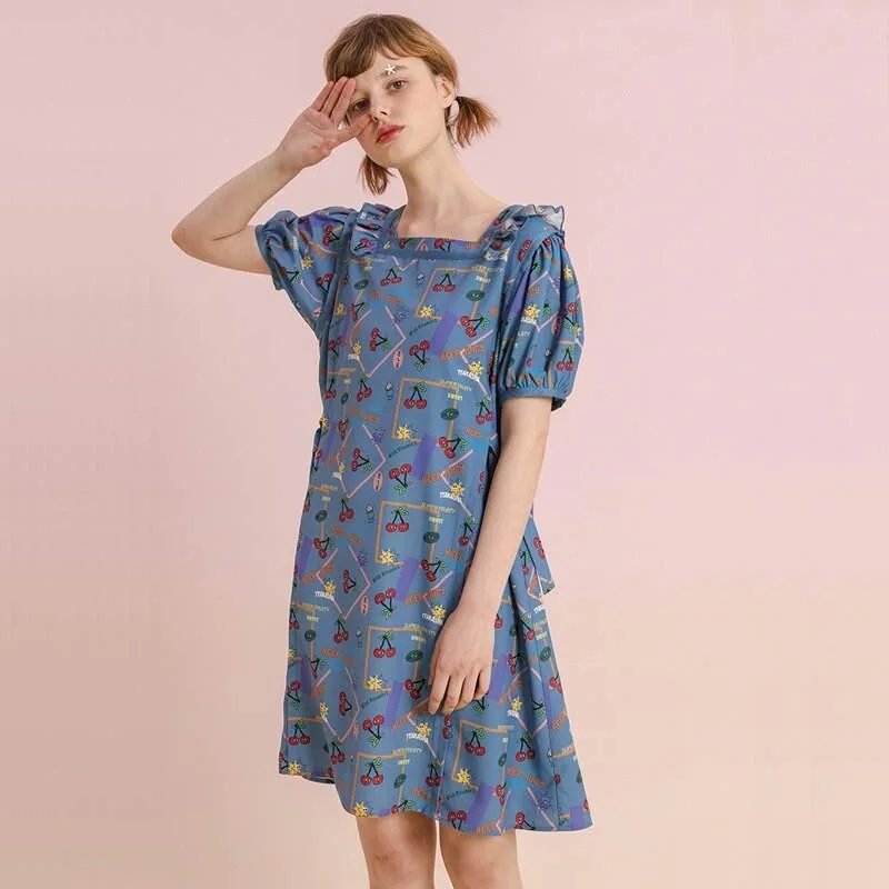 Summer Chiffon Knee-Length Dress with Puff Sleeves and Fruit Print