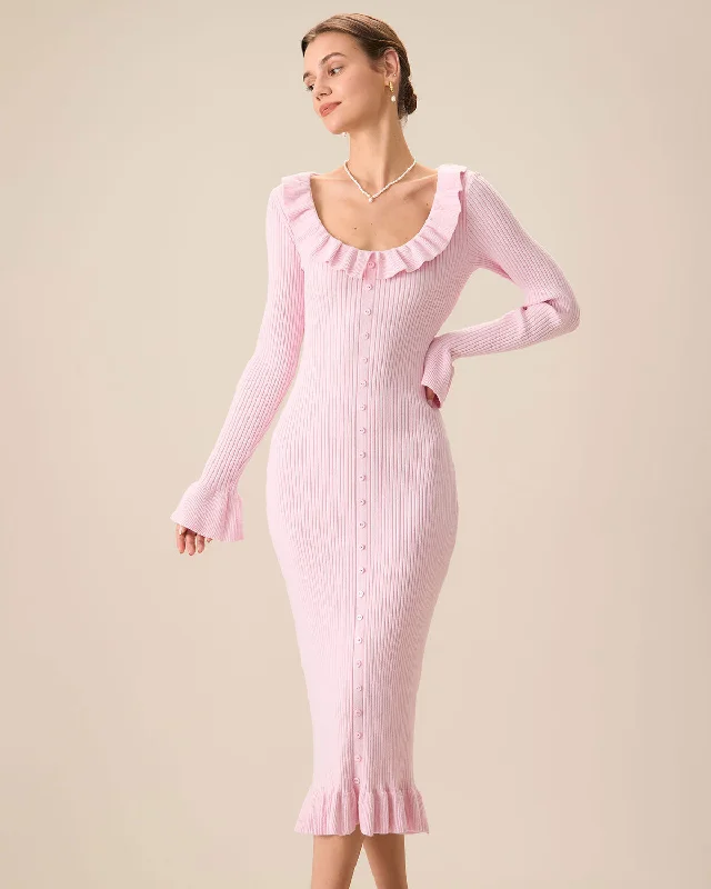 Women's Pink U-Neck Ruffle Bodycon Sweater Dress | Pink