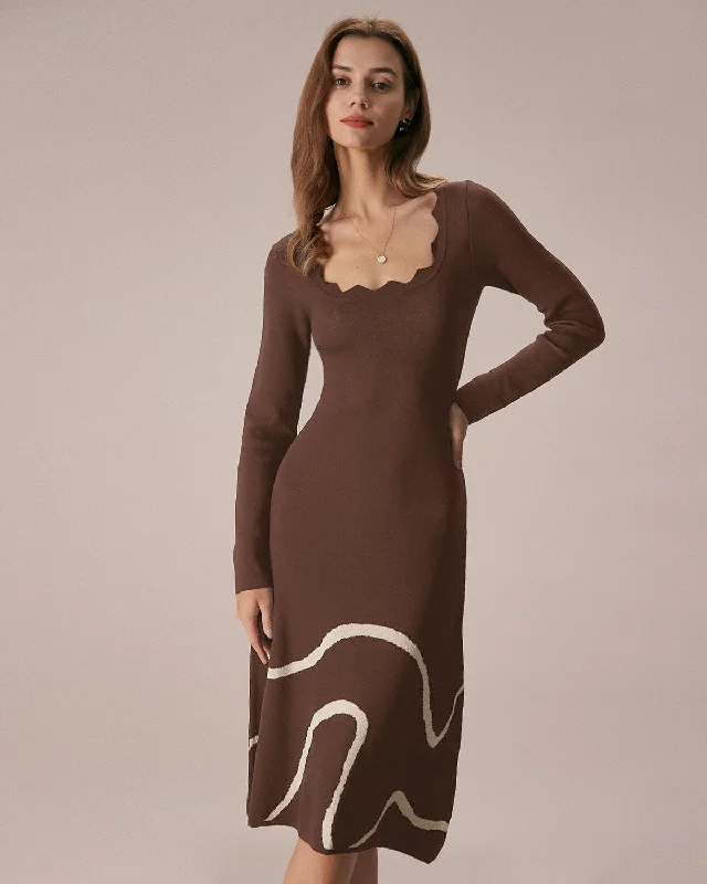 Coffee Wave Scalloped Sweater Midi Dress | Coffee