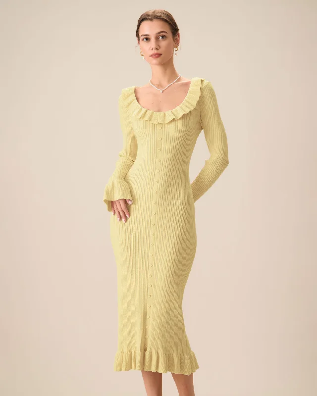 Yellow U-Neck Ruffle Bodycon Sweater Dress | Yellow