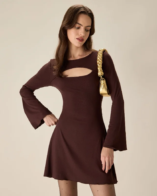 Coffee Boat Neck Cutout Sweater Dress | Coffee