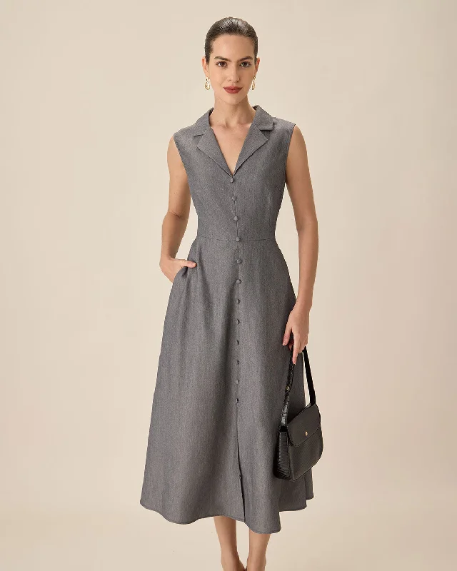 Grey V-Neck Button Midi Dress | Grey