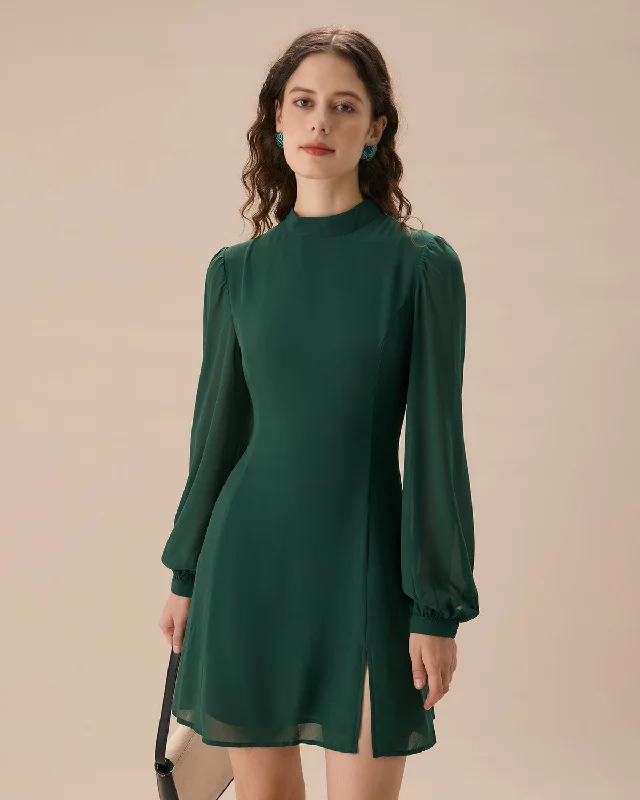 The Green Stand Collar Sheer Slit Mini Dress | Green