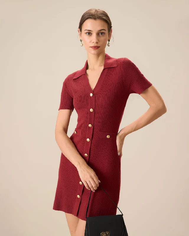 Women's Red V-Neck Bodycon Sweater Dress | Wine Red