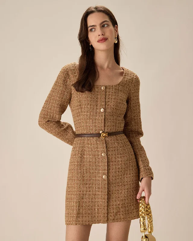 Brown U Neck Button-Up Tweed Mini Dress | Brown