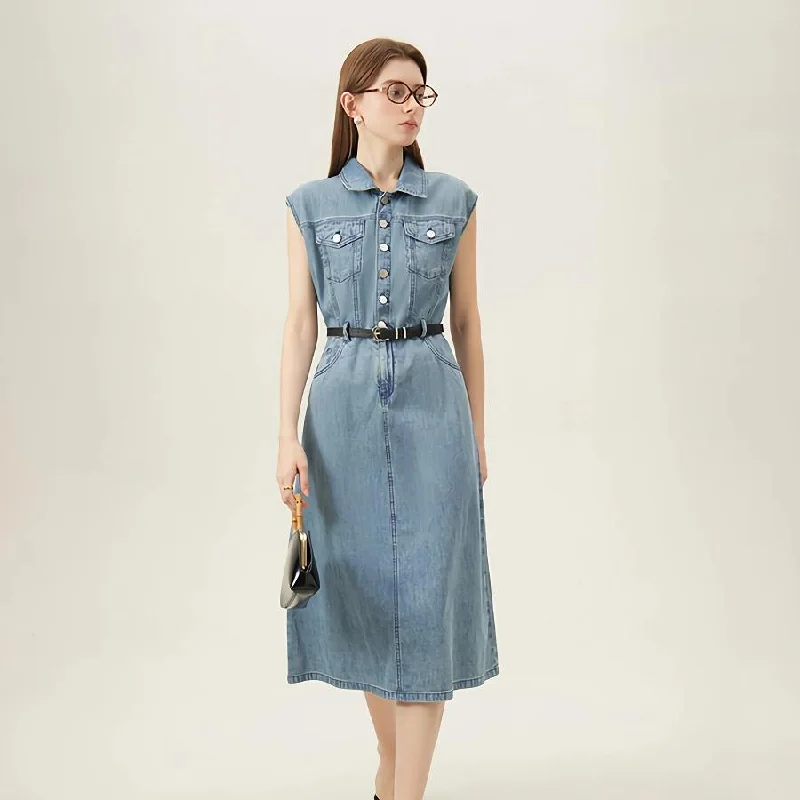 Summer Chic Sleeveless Denim Dress - Cotton Casual Straight Knee-Length