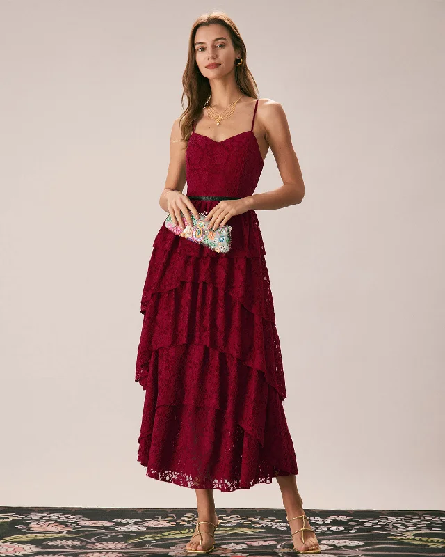 Sweetheart Neck Lace Maxi Dress | Red