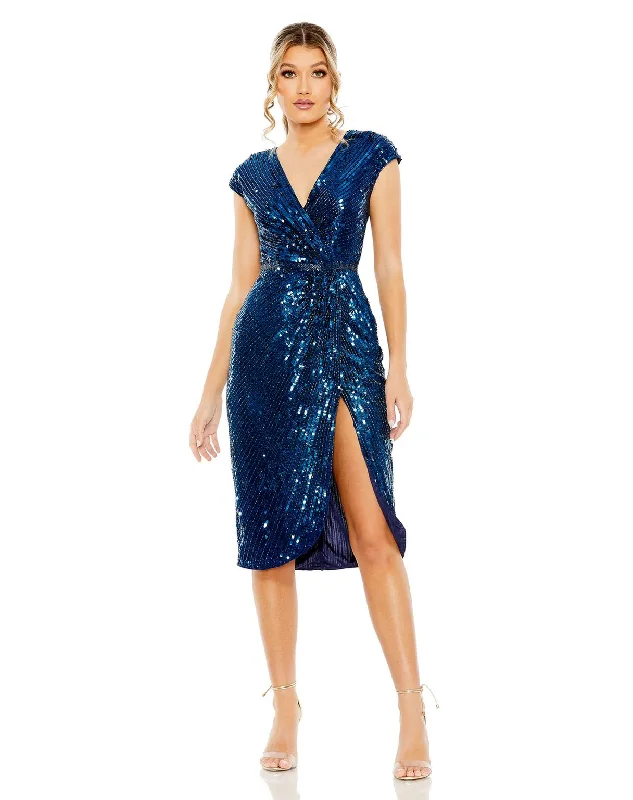 Mac Duggal 5777 Short Sequin Faux Wrap Front Slit Dress