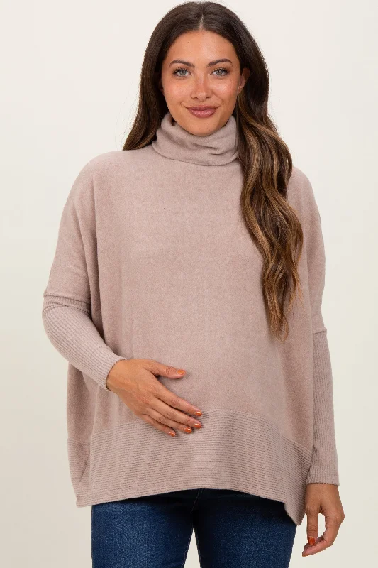 Beige Turtle Neck Brushed Heather Knit Maternity Sweater