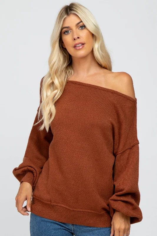 Camel Boat Neck Bubble Sleeve Sweater