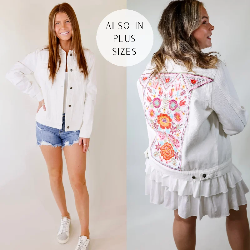 Prime Time Floral Embroidered Denim Jacket With Pockets in White