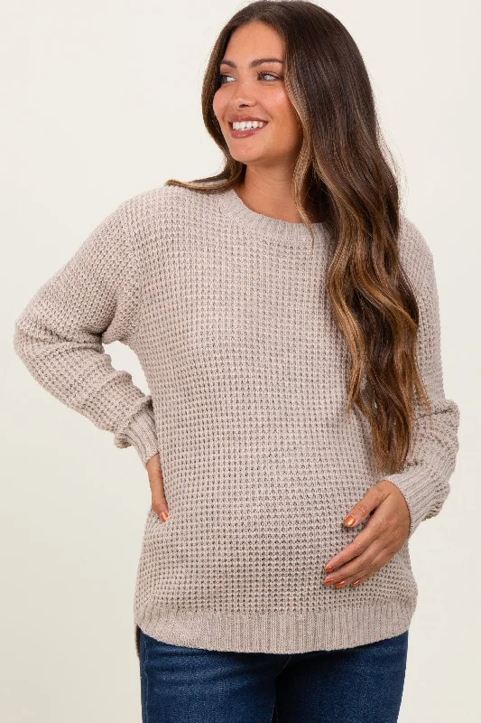 Dark Beige Waffle Knit Rounded Hem Maternity Sweater