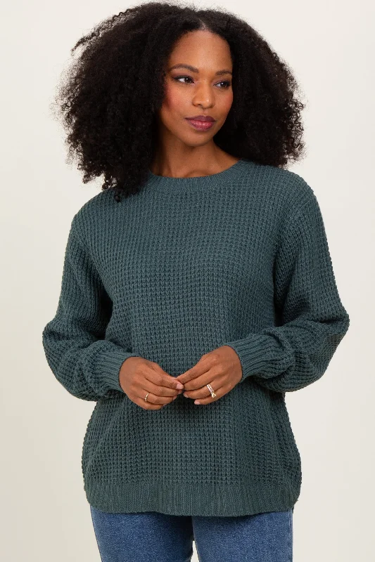 Dark Jade Waffle Knit Rounded Hem Sweater