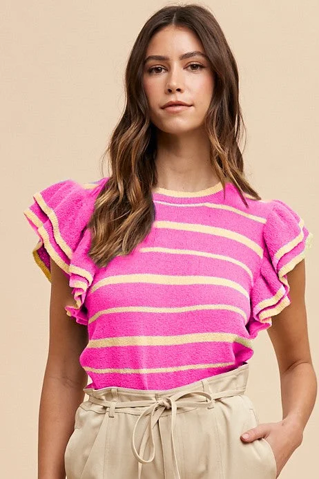 Fuchsia Striped Ruffle Sleeve Sweater Top