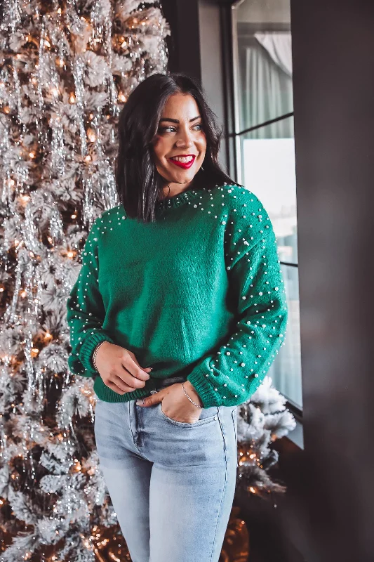 Joy Pearl Embellished Sweater-Green