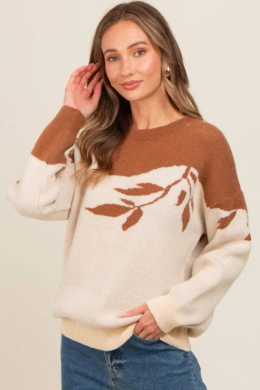 Mocha Leaf Print Colorblock Sweater