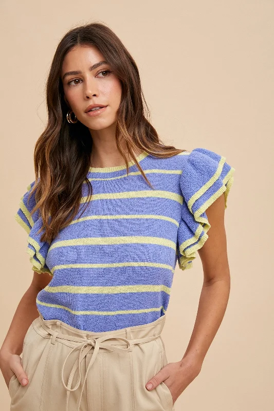 Periwinkle Striped Ruffle Sleeve Sweater Top