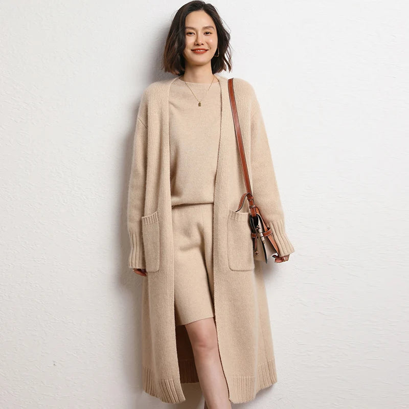 Autumn/Winter Women's 100% Cashmere Thickened V-Neck Cardigan Sweater – Loose, Long, and Stylish Solid Coat